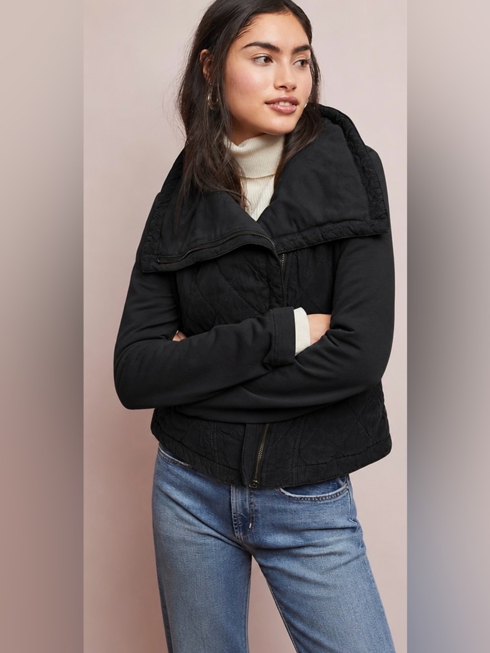 Women's Anthropology Black Quilted Teddy Jacket with Funnel Neck